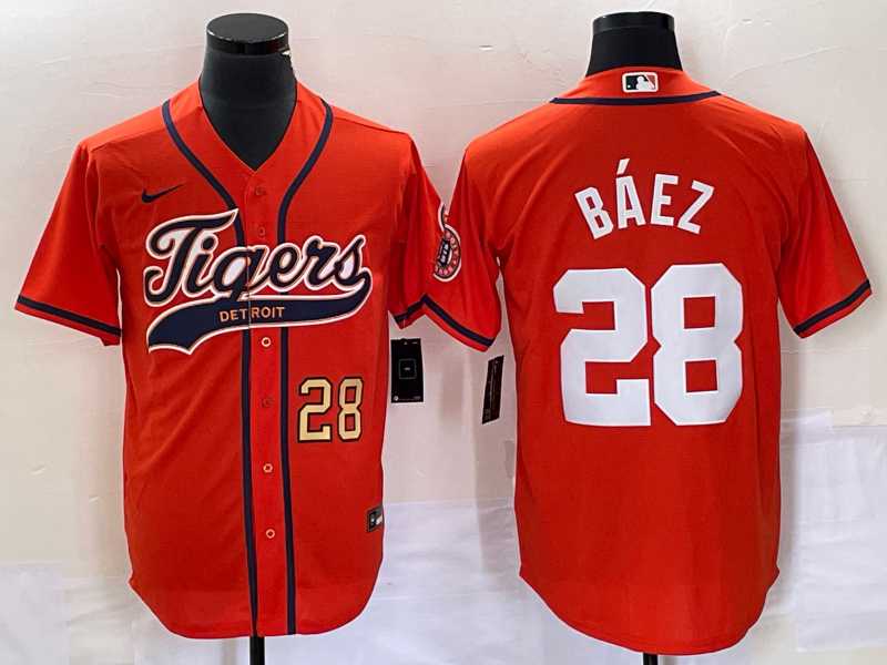 Mens Detroit Tigers #28 Javier Baez Number Orange Cool Base Stitched Baseball Jersey->detroit tigers->MLB Jersey
